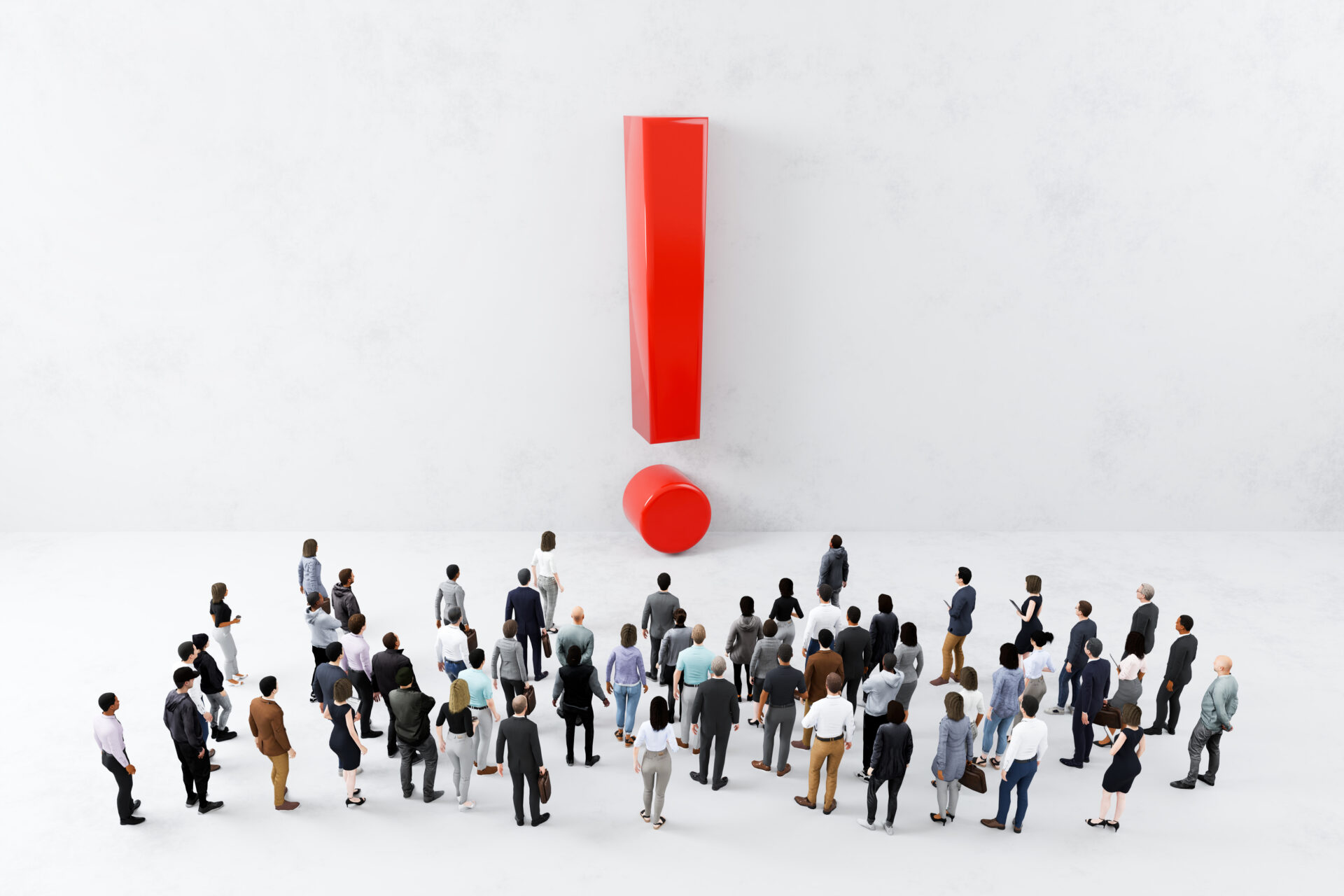 Group of business people looking at large red exclamation mark symbol on wall